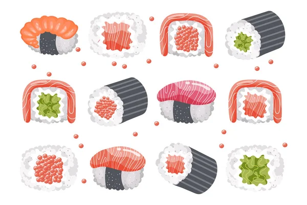 Set Rollos Sushi Palillos Sobre Fondo Blanco Iconos Comida Asiática — Vector de stock