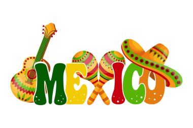 Cinco de mayonez pankartı. Meksika 'da beyaz arka planda sombrero, marakas ve gitarlı renkli bir kelime. Poster, bayram afişi, vektör