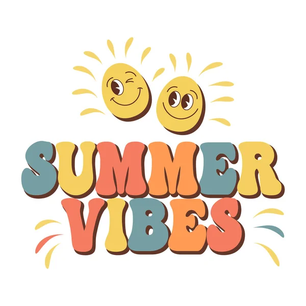 Επιγραφή Καλοκαίρι Vibes Χαμογελαστούς Ήλιους Λευκό Φόντο Hippie Αυλάκι Καλλιγραφική — Διανυσματικό Αρχείο