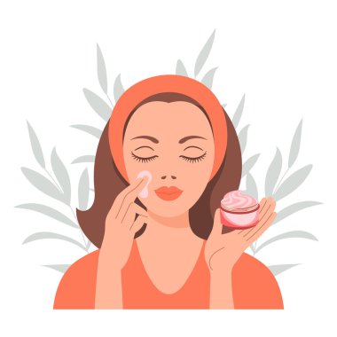 Yüz bakımı. Bir kadın cildine dikkat eder. Kozmetik maskeler, yamalar, krem, losyon, sabun, yüz kremi. Görüntü, vektör