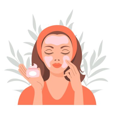 Yüz bakımı. Bir kadın cildine dikkat eder. Kozmetik maskeler, yamalar, krem, losyon, sabun, yüz kremi. Görüntü, vektör