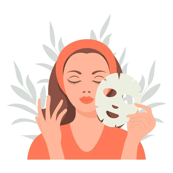 Περιποίηση Προσώπου Μια Γυναίκα Φροντίζει Δέρμα Της Καλλυντικές Μάσκες Μπαλώματα — Διανυσματικό Αρχείο