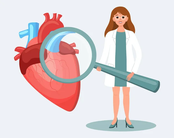Female Doctor Magnifying Glass Human Heart Medical Diagnosis Human Cardio — Stock Vector