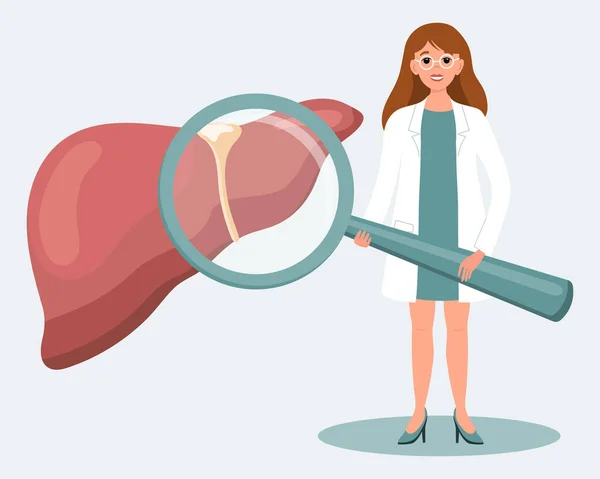 Médecin Féminin Avec Loupe Foie Humain Diagnostic Médical Système Digestif — Image vectorielle