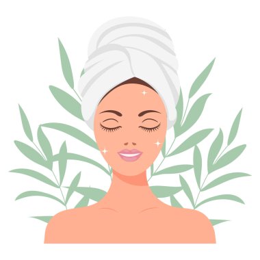 Yüz bakımı. Bir kadın cildine dikkat eder. Kozmetik maskeler, yamalar, krem, losyon, sabun, yüz fırçası. Görüntü, vektör