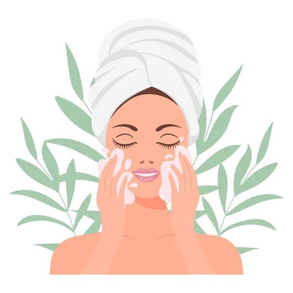 顔の皮膚ケア 女性は肌の手入れをする 化粧品マスク パッチ クリーム ローション 洗顔料 イラスト ベクター — ストックベクタ