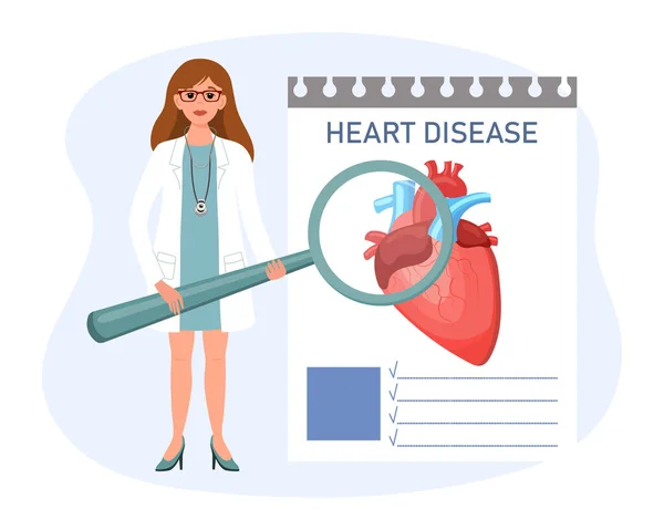 Doctora Con Una Lupa Examina Enfermedades Cardíacas Cardiología Concepto Ciencia — Vector de stock