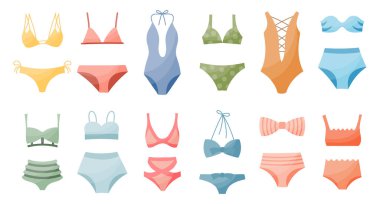 Beyaz bir arka planda çizilmiş kadın bikini mayosu seti. Kadın giyim simgeleri, baskı, vektör