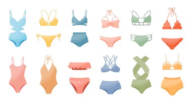Beyaz bir arka planda çizilmiş kadın bikini mayosu seti. Kadın giyim simgeleri, baskı, vektör