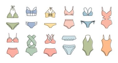 Beyaz bir arka planda el yapımı kadın bikini mayosu seti. Kadın giyim ikonları, taslak, vektör