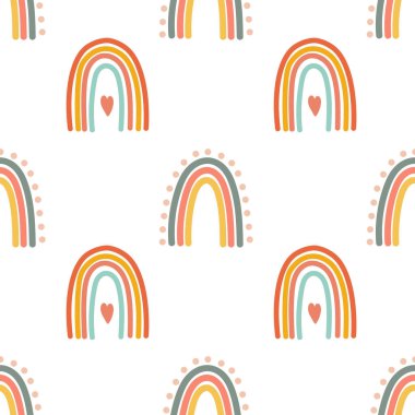 Kusursuz desen, gökkuşağı, bulutlar ve çiçekler eski boho tarzında. Bebek arka planı, tekstil, vektör