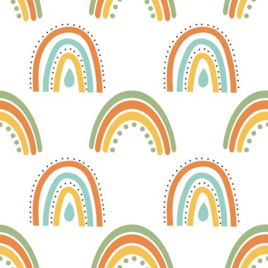 Kusursuz desen, gökkuşağı, bulutlar ve çiçekler eski boho tarzında. Bebek arka planı, tekstil, vektör