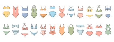 Beyaz arka planda bir dizi kadın bikini mayosu çizimi. Kadın giyim ikonları, taslak, vektör