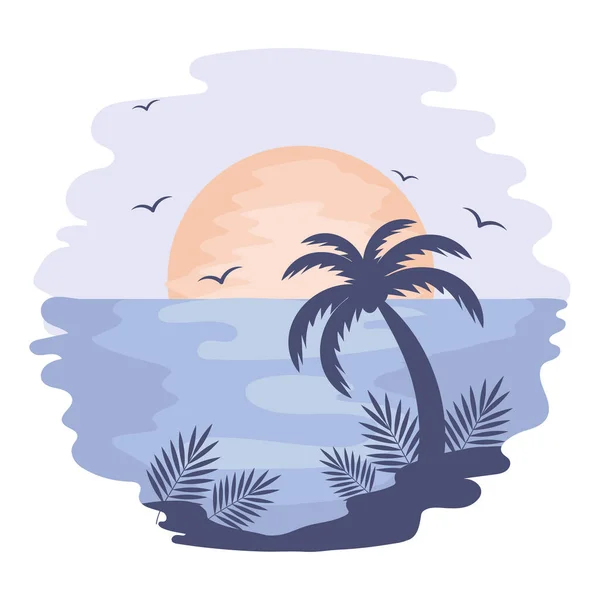Sunset Tropical Sea Palm Trees Seagulls Watercolor Background Illustration Icon — Stock Vector