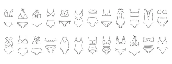 Linienzeichnungen Von Bikini Badebekleidung Für Frauen Auf Weißem Hintergrund Ikonen — Stockvektor