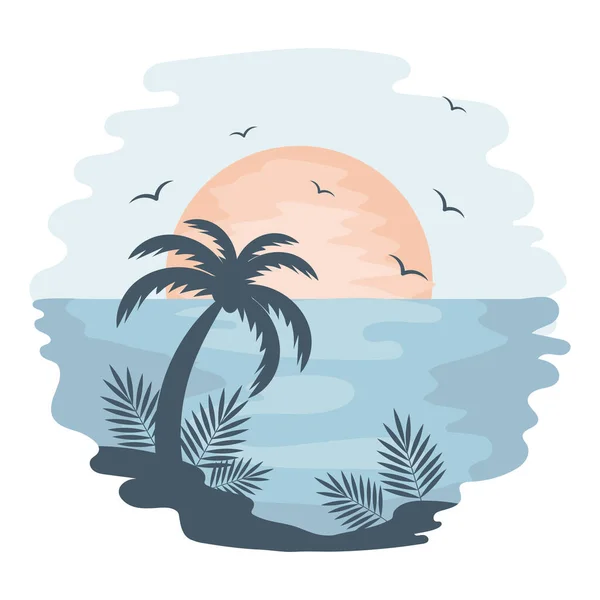 Seascape Západ Slunce Tropickém Moři Palmami Racky Akvarelovém Pozadí Ilustrace — Stockový vektor