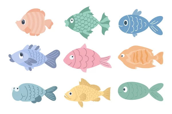 Συλλογή Από Πολύχρωμα Χαριτωμένα Ψάρια Της Θάλασσας Εικόνες Στυλ Κινουμένων — Διανυσματικό Αρχείο