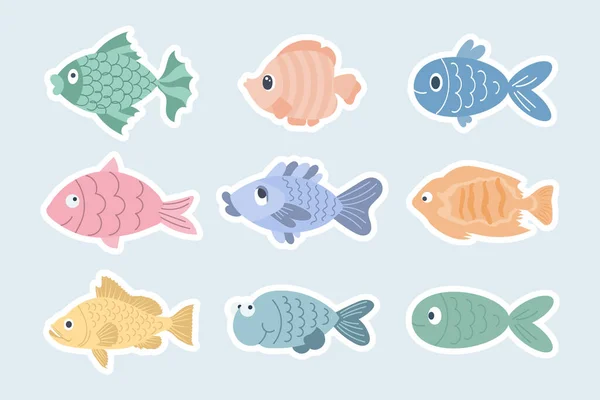 Collection Colorful Stickers Cute Fish Icons Cartoon Style Children Vector — Stock Vector