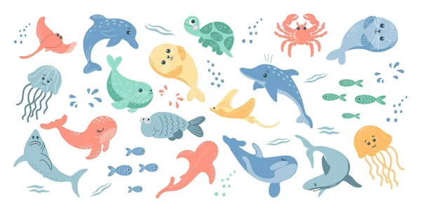 Insamling Färgglada Fiskar Och Havsdjur Ikoner Tecknad Stil För Barn — Stock vektor