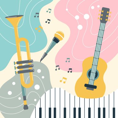 Boho tarzında renkli bir arka planda müzik aletleri. Pastel renkler. Arkaplan, poster, yazdırma, vektör