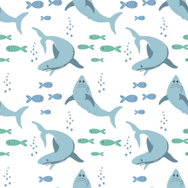 Beyaz arka planda köpekbalıkları ve balıklarla kusursuz bir desen. Çizgi film deniz hayvanlarıyla dolu bir arka plan. Bebek baskısı, vektör