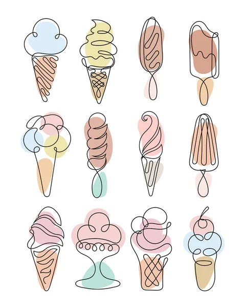 Набор Контурных Рисунков Различных Видов Мороженого Черная Линия Цветом Пищевая — стоковый вектор