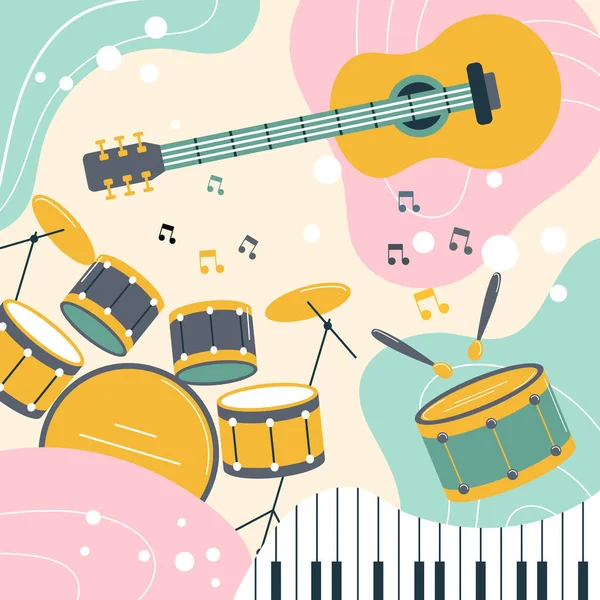 Μουσικά Όργανα Έγχρωμο Φόντο Boho Στυλ Χρώματα Ζυμαρικών Ιστορικό Αφίσα — Διανυσματικό Αρχείο
