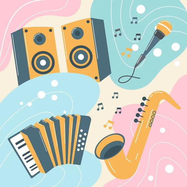 Μουσικά Όργανα Έγχρωμο Φόντο Boho Στυλ Χρώματα Ζυμαρικών Ιστορικό Αφίσα — Διανυσματικό Αρχείο