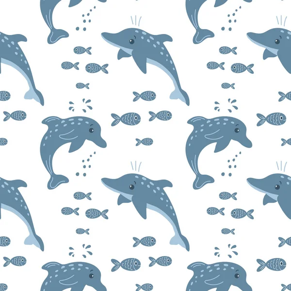 Απρόσκοπτη Μοτίβο Δελφίνια Και Ψάρια Λευκό Φόντο Ιστορικό Κινούμενα Σχέδια — Διανυσματικό Αρχείο