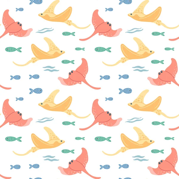 Бесшовный Рисунок Скатами Рыбой Белом Фоне Фон Мультфильмами Морских Животных — стоковый вектор