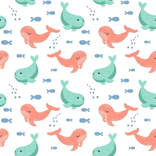 Seamless Pattern Fur Seals Fishes White Background Background Cartoon Sea — Stock Vector