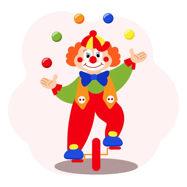 Söt Rolig Tecknad Clown Jonglör Med Bollar Barnens Kort Tryck — Stock vektor