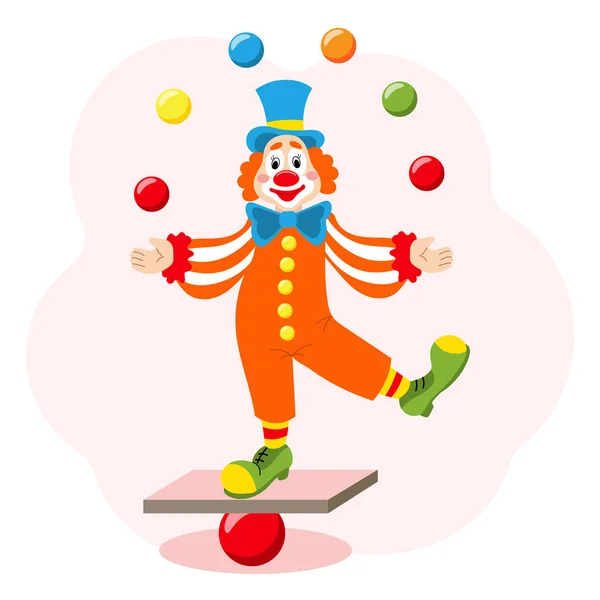 Söt Rolig Tecknad Clown Jonglör Med Bollar Barnens Kort Tryck — Stock vektor