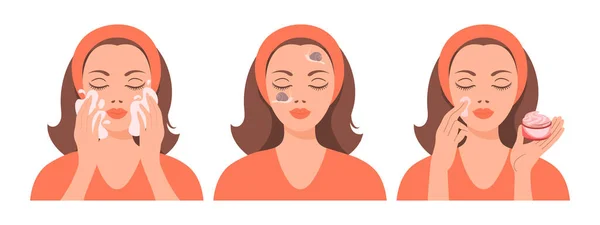 Yüz Bakımı Bir Kadın Cildine Dikkat Eder Kozmetik Maskeler Yamalar — Stok Vektör