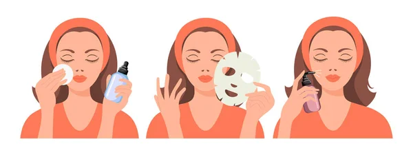 Περιποίηση Προσώπου Μια Γυναίκα Φροντίζει Δέρμα Της Καλλυντικές Μάσκες Μπαλώματα — Διανυσματικό Αρχείο