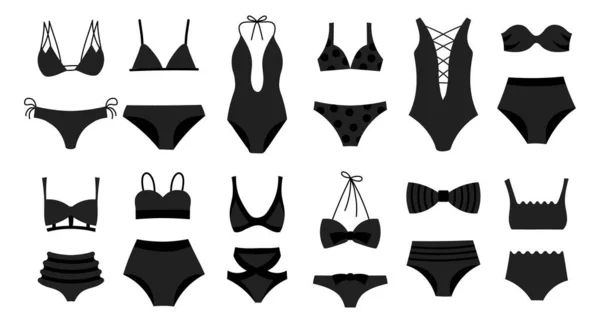 Een Set Dameszwemkleding Zwemkleding Een Witte Achtergrond Dameskleding Iconen Zwart — Stockvector