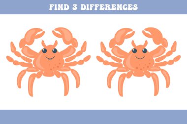 İki yengeç arasındaki 3 farkı bul. Çocuk mantık oyunu, eğitim bulmacası, vektör