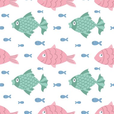 Seamless pattern with cute cartoon kawaii fish on a white background. Children's print, textile, vector clipart