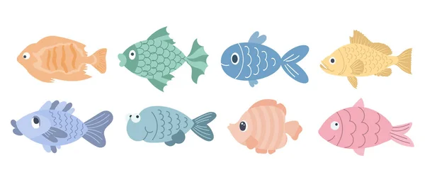 Kolekcja Kolorowe Słodkie Ryby Morskie Ikony Stylu Kreskówki Dla Dzieci — Wektor stockowy
