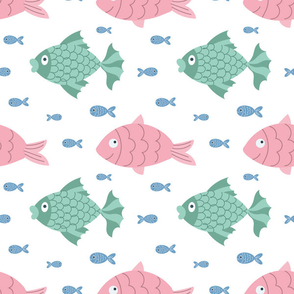 Seamless pattern with cute cartoon kawaii fish on a white background. Children's print, textile, vector