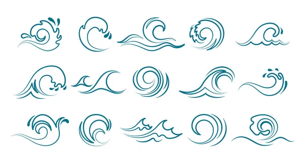 Blue Ocean Sea Waves Set Icônes Ligne Logos Vecteur — Image vectorielle