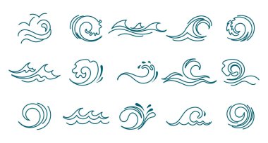 Mavi okyanus dalgaları. Çizgi simgeleri, logolar, vektör