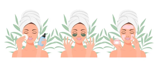 Gesichtspflege Eine Frau Pflegt Ihre Haut Kosmetische Masken Pflaster Creme — Stockvektor