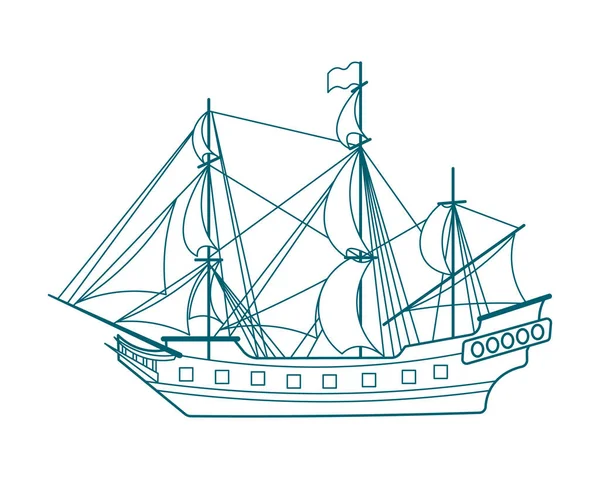 Blue Line Drawing Sea Ship Frigate Caravel Detailed Drawing Illustration — Stock Vector
