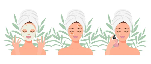 Gesichtspflege Eine Frau Pflegt Ihre Haut Kosmetische Masken Pflaster Creme — Stockvektor