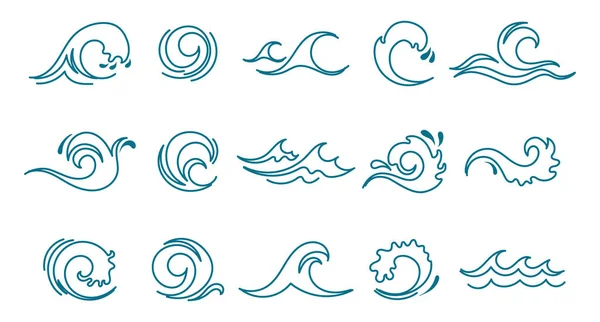 Синий Океан Морских Волн Значки Линий Логотипы Векторы — стоковый вектор