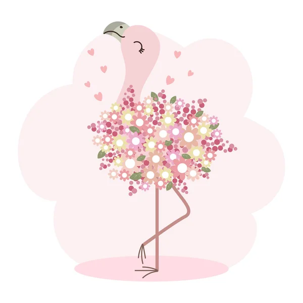 ハートの繊細な花でかわいい漫画フラミンゴの鳥 子供のイラスト ポストカード パステルカラー ベクトル — ストックベクタ