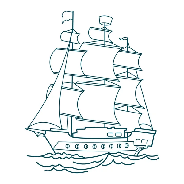 Синяя Линия Рисунка Морского Корабля Фрегата Каравеллы Детальный Рисунок Иллюстрация — стоковый вектор