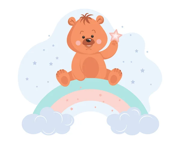 Roztomilý Kreslený Medvídek Hvězdou Duze Mraky Dětská Ilustrace Pohlednice Vektor — Stockový vektor