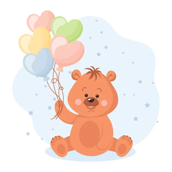 Leuke Cartoon Teddybeer Met Hartvormige Ballonnen Baby Illustratie Wenskaart Vector — Stockvector